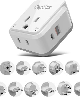 Ceptics International Power Plug Adapter Travel Set, 20W PD & QC, Safe Dual USB & USB-C 3.1A - 2 USA Outlet - Compact - Use Europe, Asia, Africa In Worldwide - Includes 13 Type SWadAPt Attachments