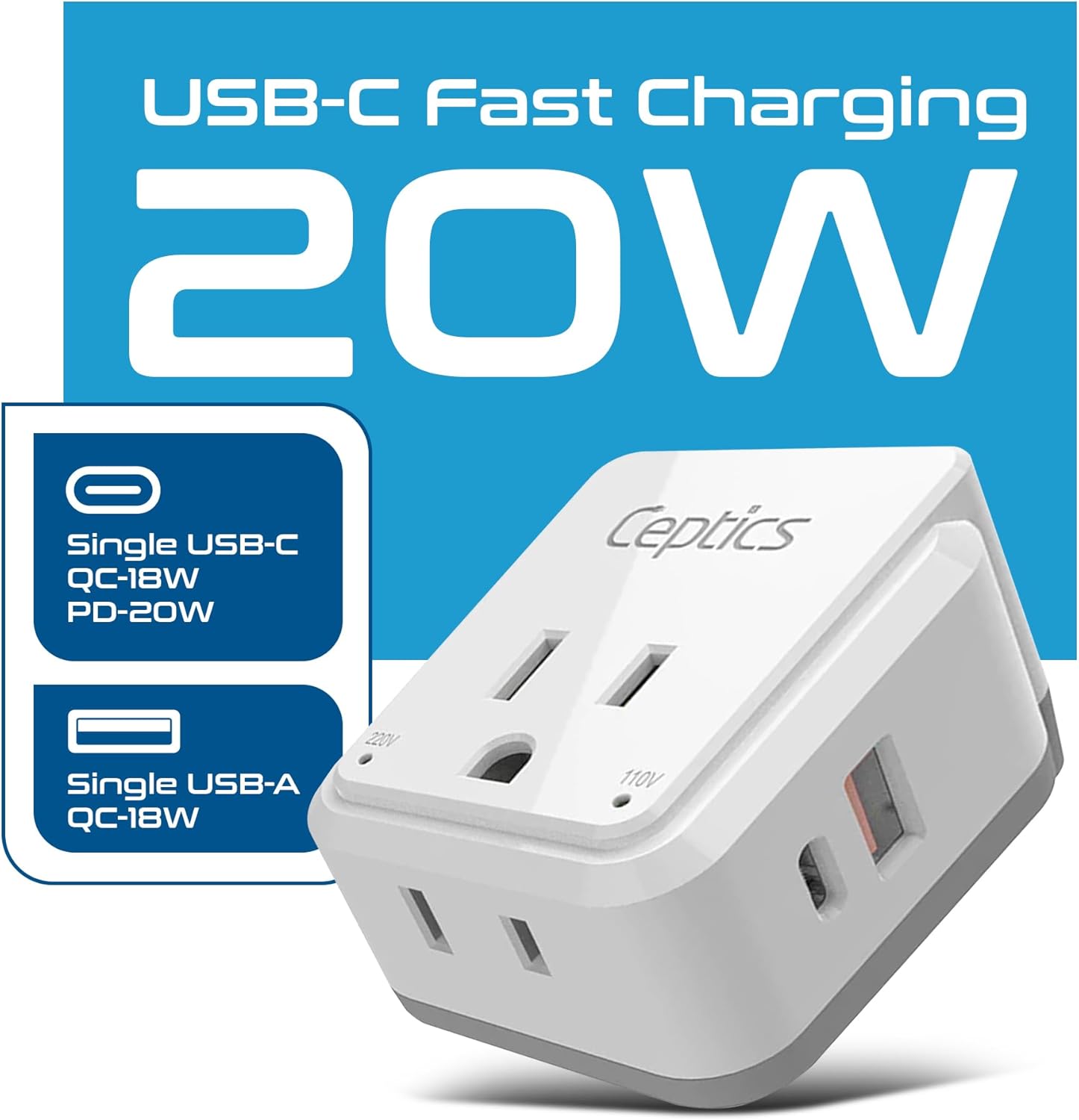 Ceptics International Power Plug Adapter Travel Set, 20W PD & QC, Safe Dual USB & USB-C 3.1A - 2 USA Outlet - Compact - Use Europe, Asia, Africa In Worldwide - Includes 13 Type SWadAPt Attachments - Image 2