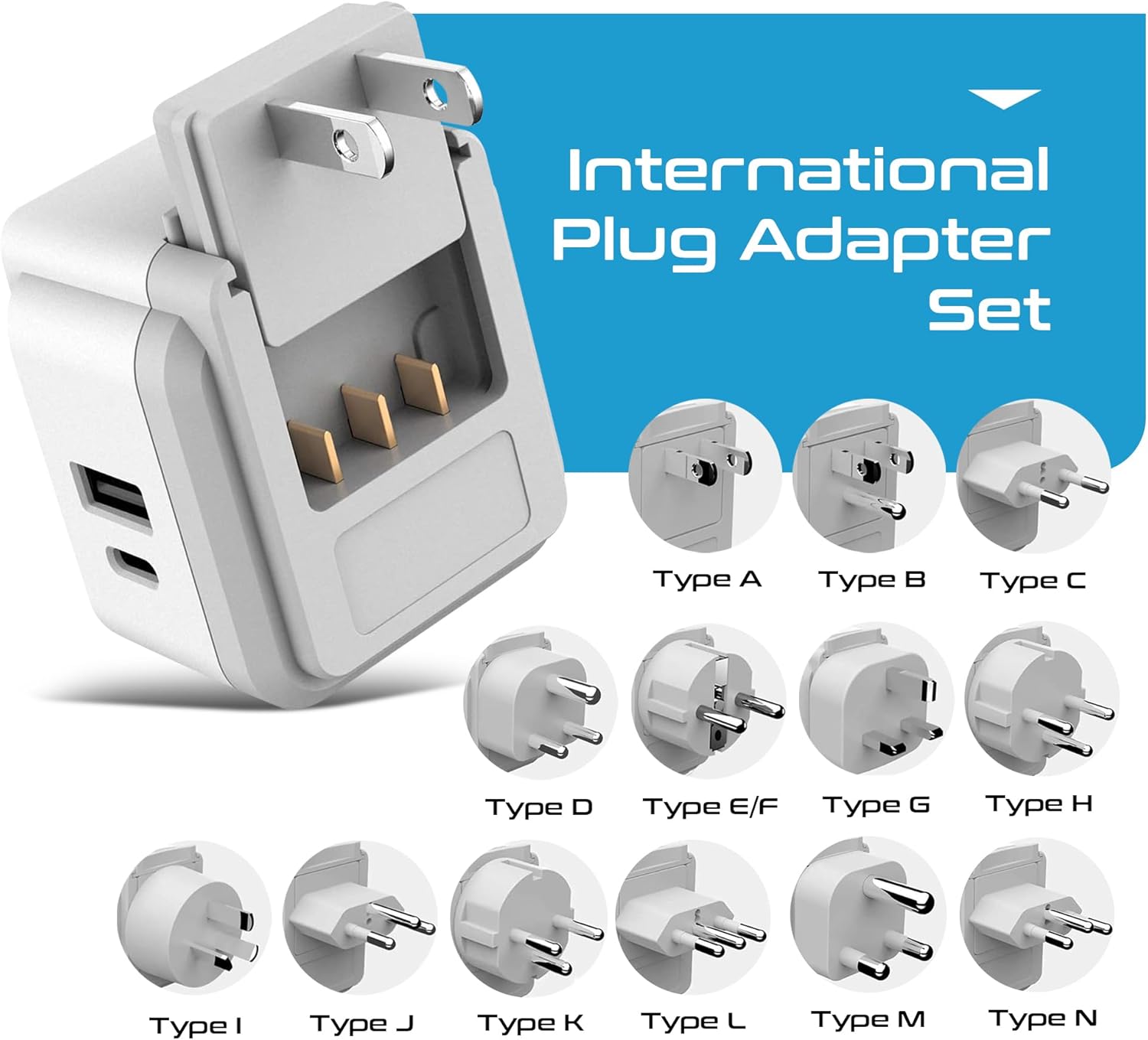 Ceptics International Power Plug Adapter Travel Set, 20W PD & QC, Safe Dual USB & USB-C 3.1A - 2 USA Outlet - Compact - Use Europe, Asia, Africa In Worldwide - Includes 13 Type SWadAPt Attachments - Image 3
