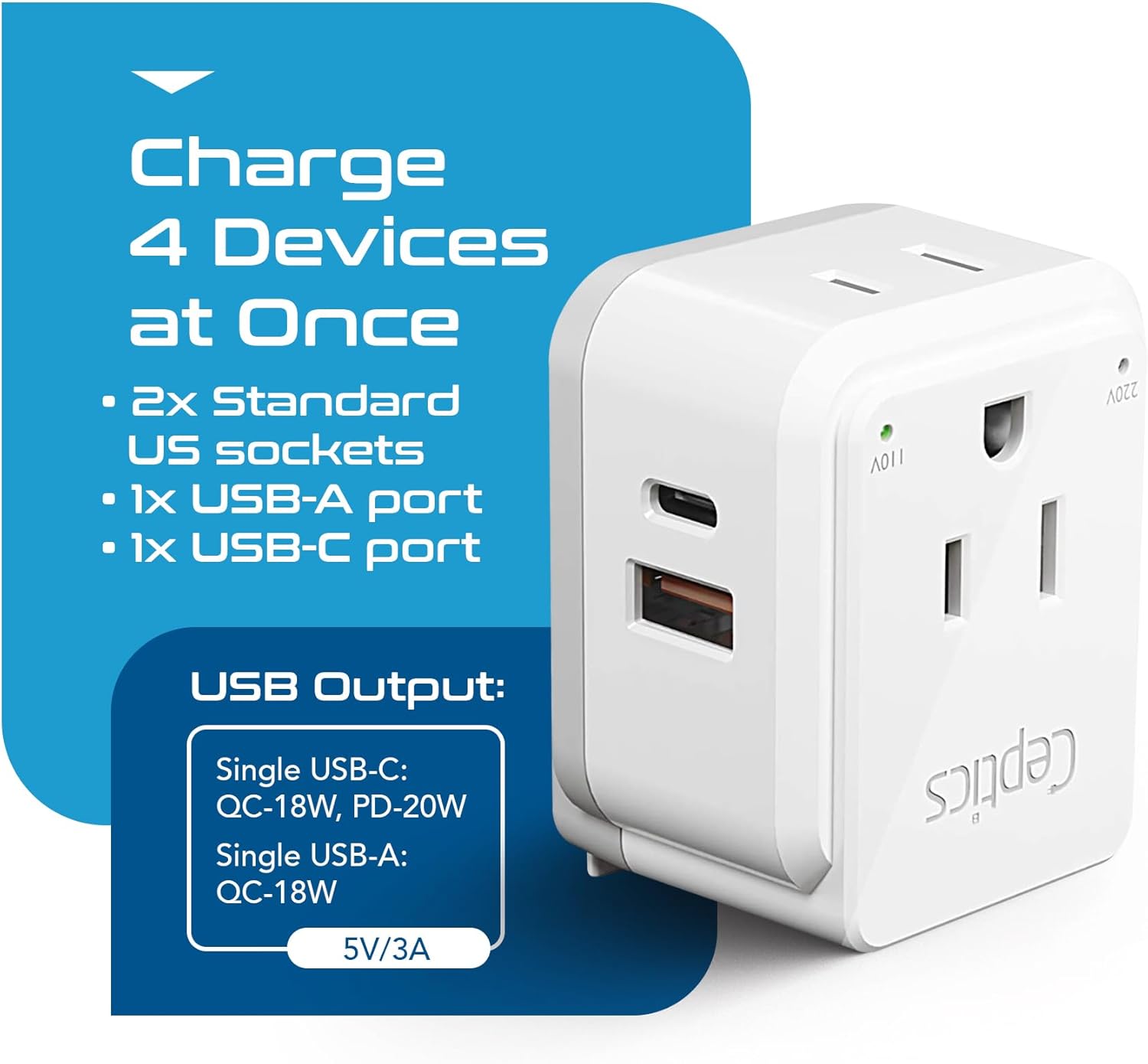 Ceptics International Power Plug Adapter Travel Set, 20W PD & QC, Safe Dual USB & USB-C 3.1A - 2 USA Outlet - Compact - Use Europe, Asia, Africa In Worldwide - Includes 13 Type SWadAPt Attachments - Image 4