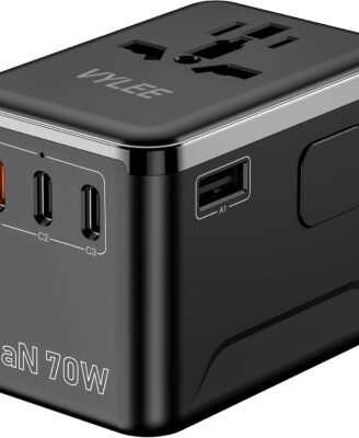 VYLEE 70W GaN International Travel Adapter, Universal Power Adapter with 3 USB-C (PD 70W) & 1 USB-A Ports, Worldwide Wall Charger for US to Europe, UK, Ireland, AU, Asia, Works in 200+ Countries